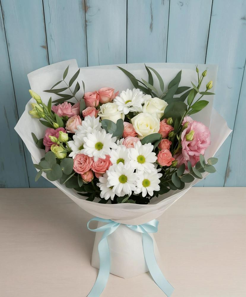 Букет цветов из: Розы, Лизиантусы и Хризантемы в Поведниках