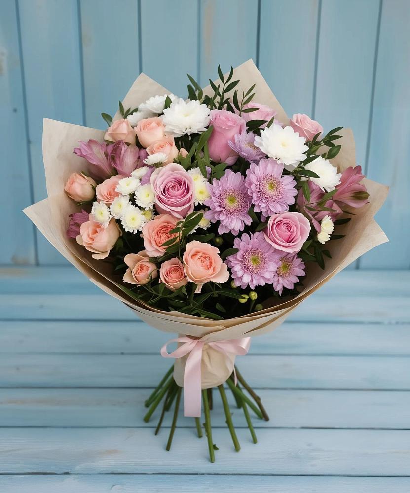 Букет цветов из: Хризантемы, Розы и Альстромерии в Поведниках