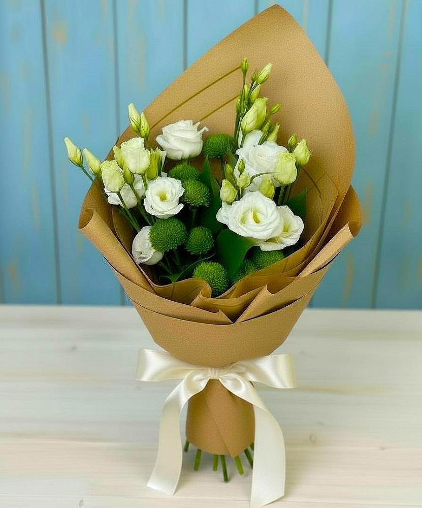 Букет цветов из: Хризантемы и Лизиантусы в Поведниках