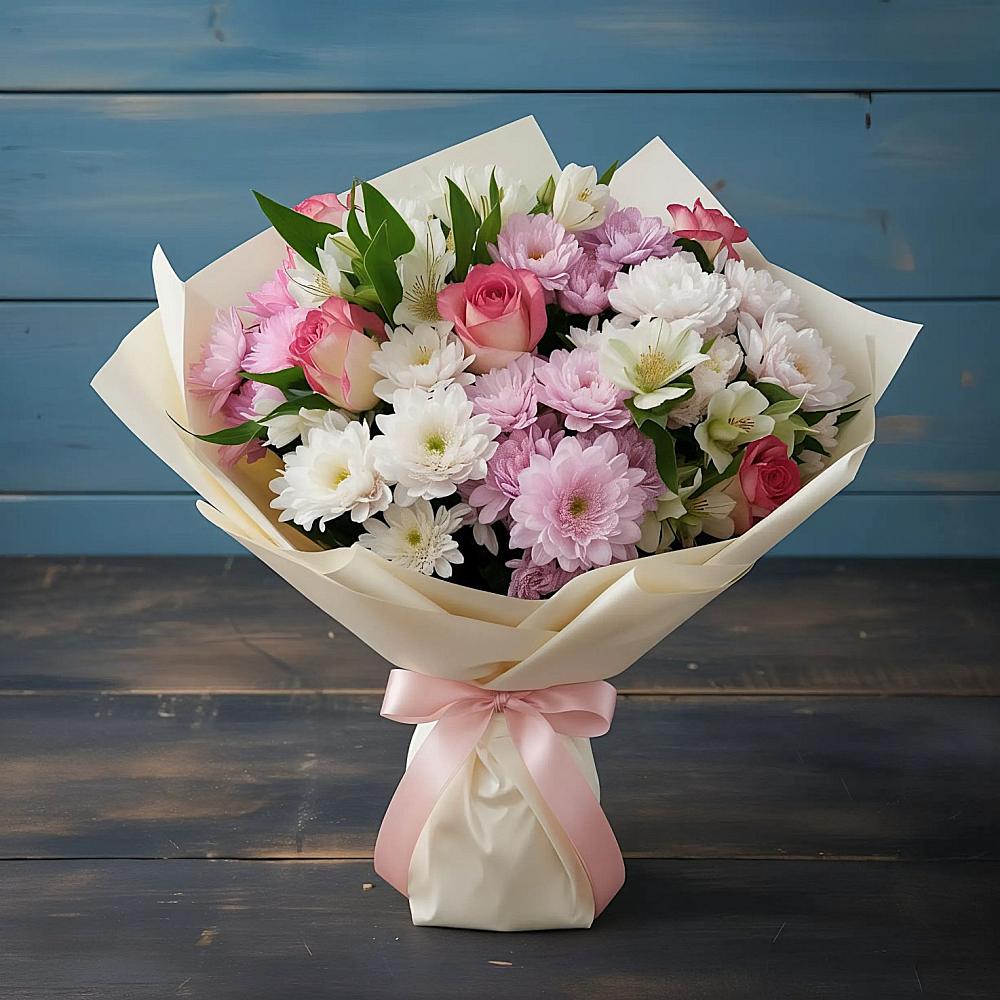 Букет цветов из: Хризантемы, Альстромерии и Розы в Поведниках